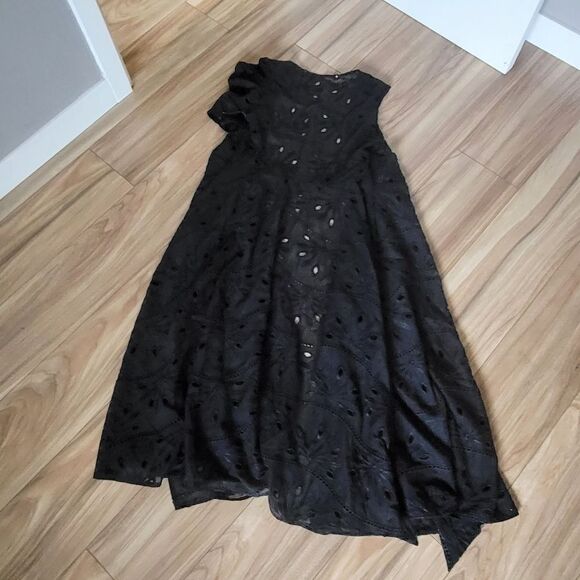 Handmade One Shoulder Puff Sleeve Floral Eyelet Wrap Midi Dress in Black - Picture 8 of 10